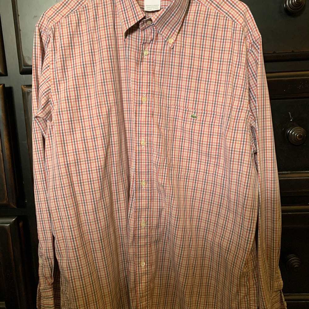 Lacoste Size XL 44 Men's Orange Brown Plaid Shirt